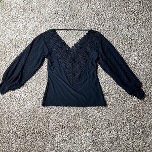 Venus Top Women M Black Embroidered V-Neck Bishop Sleeve Dark Fairy Whimsigoth‎